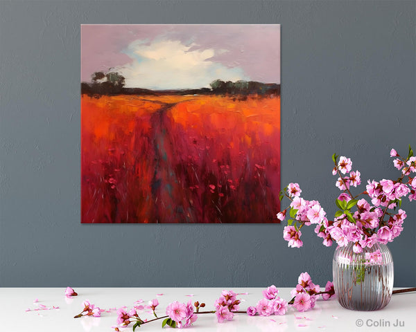 Landscape Canvas Paintings, Acrylic Abstract Art on Canvas, Red Poppy Flower Field Painting, Landscape Acrylic Painting, Living Room Wall Art Paintings-ArtWorkCrafts.com