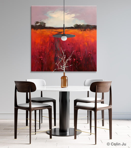 Landscape Canvas Paintings, Acrylic Abstract Art on Canvas, Red Poppy Flower Field Painting, Landscape Acrylic Painting, Living Room Wall Art Paintings-ArtWorkCrafts.com