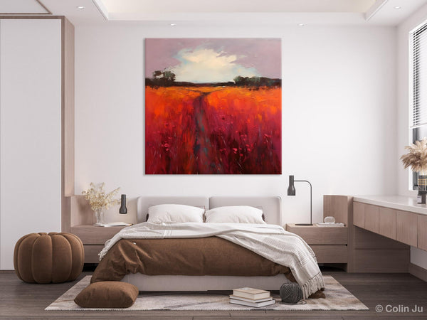 Landscape Canvas Paintings, Acrylic Abstract Art on Canvas, Red Poppy Flower Field Painting, Landscape Acrylic Painting, Living Room Wall Art Paintings-ArtWorkCrafts.com