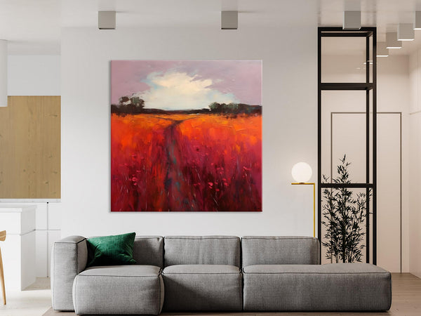 Landscape Canvas Paintings, Acrylic Abstract Art on Canvas, Red Poppy Flower Field Painting, Landscape Acrylic Painting, Living Room Wall Art Paintings-ArtWorkCrafts.com
