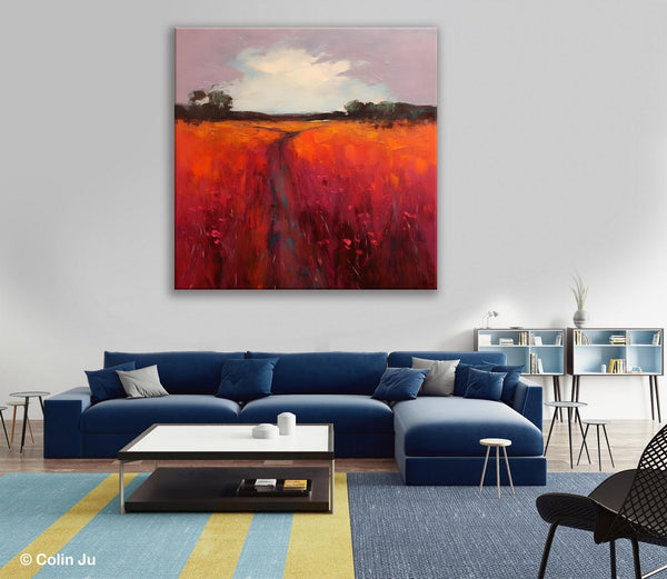 Landscape Canvas Paintings, Acrylic Abstract Art on Canvas, Red Poppy Flower Field Painting, Landscape Acrylic Painting, Living Room Wall Art Paintings-ArtWorkCrafts.com