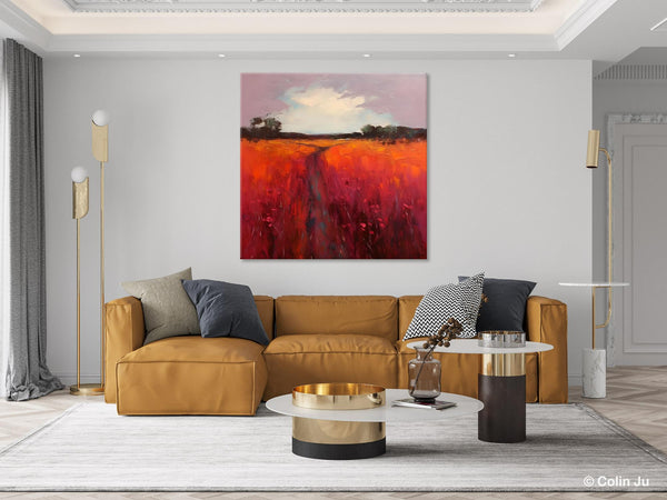 Landscape Canvas Paintings, Acrylic Abstract Art on Canvas, Red Poppy Flower Field Painting, Landscape Acrylic Painting, Living Room Wall Art Paintings-ArtWorkCrafts.com