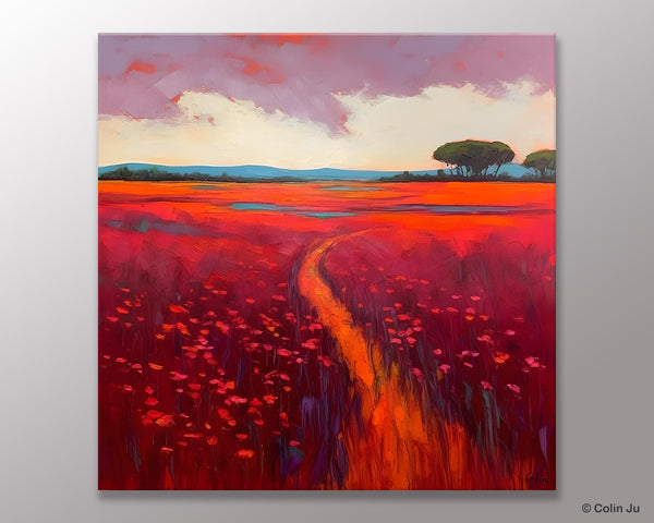 Original Hand Painted Wall Art, Landscape Paintings for Living Room, Abstract Canvas Painting, Abstract Landscape Art, Red Poppy Field Painting-ArtWorkCrafts.com