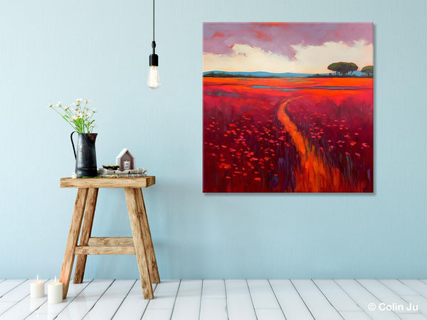 Original Hand Painted Wall Art, Landscape Paintings for Living Room, Abstract Canvas Painting, Abstract Landscape Art, Red Poppy Field Painting-ArtWorkCrafts.com