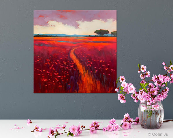 Original Hand Painted Wall Art, Landscape Paintings for Living Room, Abstract Canvas Painting, Abstract Landscape Art, Red Poppy Field Painting-ArtWorkCrafts.com