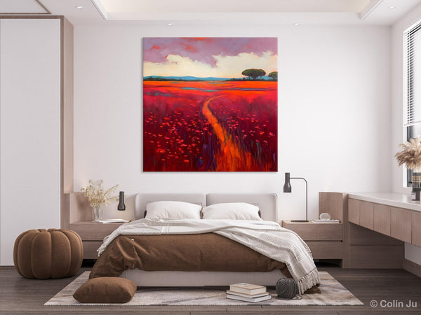 Original Hand Painted Wall Art, Landscape Paintings for Living Room, Abstract Canvas Painting, Abstract Landscape Art, Red Poppy Field Painting-ArtWorkCrafts.com