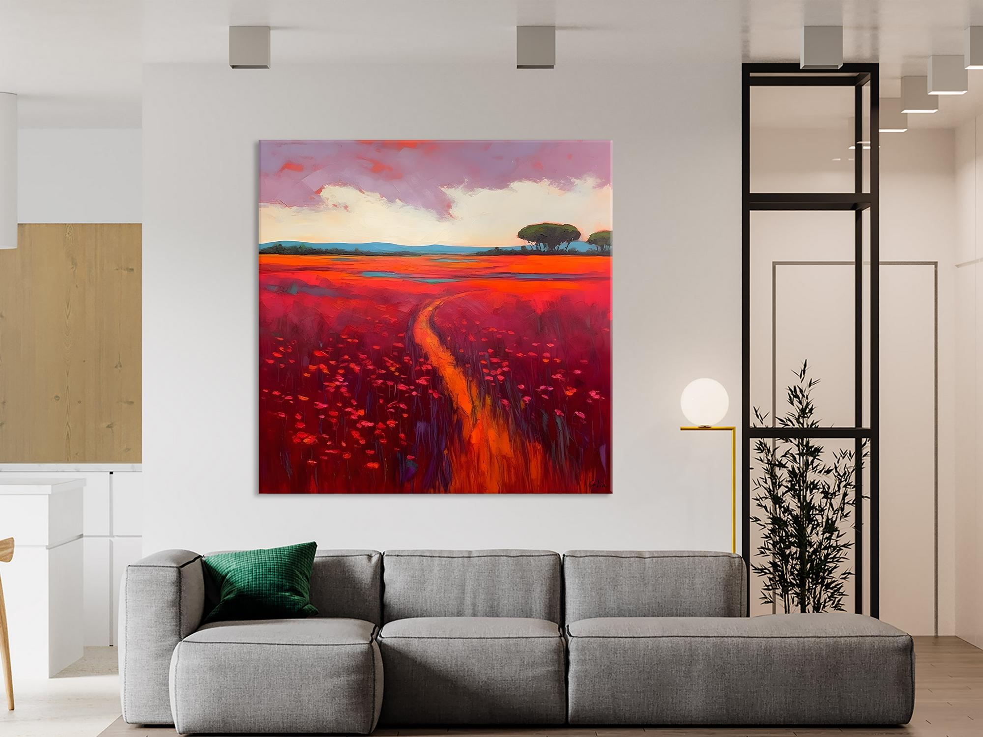 Original Hand Painted Wall Art, Landscape Paintings for Living Room, Abstract Canvas Painting, Abstract Landscape Art, Red Poppy Field Painting-ArtWorkCrafts.com