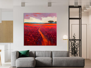 Original Hand Painted Wall Art, Landscape Paintings for Living Room, Abstract Canvas Painting, Abstract Landscape Art, Red Poppy Field Painting-ArtWorkCrafts.com