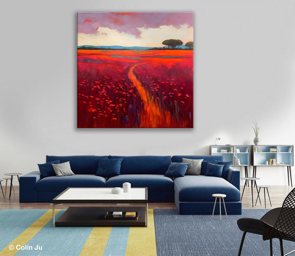 Original Hand Painted Wall Art, Landscape Paintings for Living Room, Abstract Canvas Painting, Abstract Landscape Art, Red Poppy Field Painting-ArtWorkCrafts.com