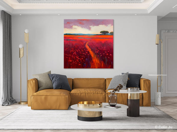 Original Hand Painted Wall Art, Landscape Paintings for Living Room, Abstract Canvas Painting, Abstract Landscape Art, Red Poppy Field Painting-ArtWorkCrafts.com