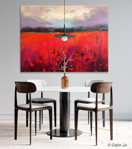 Simple Modern Art, Original Landscape Painting, Landscape Paintings for Living Room, Poppy Filed Canvas Paintings, Large Wall Art Paintings-ArtWorkCrafts.com