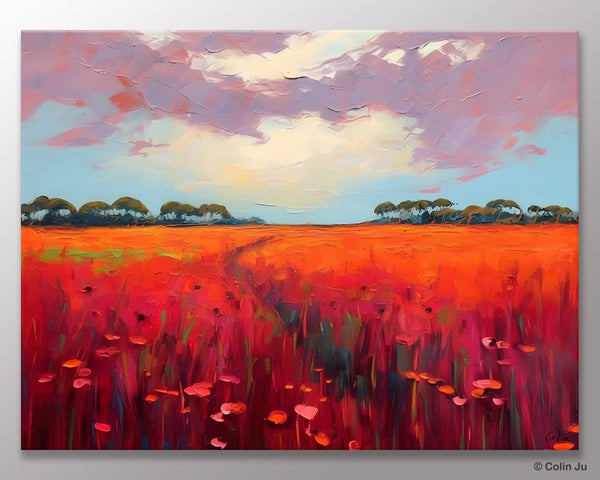 Acrylic Abstract Art, Landscape Canvas Paintings, Red Poppy Flower Field Painting, Landscape Acrylic Painting, Living Room Wall Art Paintings-ArtWorkCrafts.com