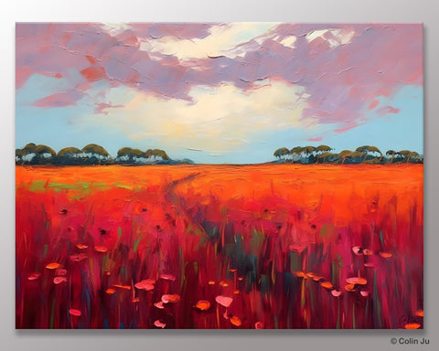 Acrylic Abstract Art, Landscape Canvas Paintings, Red Poppy Flower Field Painting, Landscape Acrylic Painting, Living Room Wall Art Paintings-ArtWorkCrafts.com