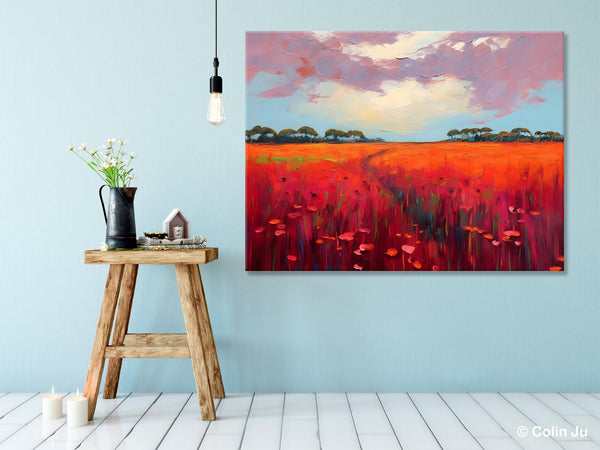 Acrylic Abstract Art, Landscape Canvas Paintings, Red Poppy Flower Field Painting, Landscape Acrylic Painting, Living Room Wall Art Paintings-ArtWorkCrafts.com