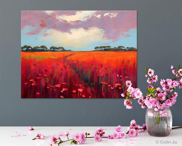 Acrylic Abstract Art, Landscape Canvas Paintings, Red Poppy Flower Field Painting, Landscape Acrylic Painting, Living Room Wall Art Paintings-ArtWorkCrafts.com