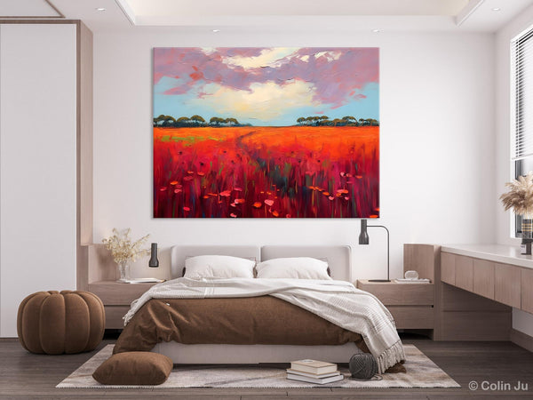 Acrylic Abstract Art, Landscape Canvas Paintings, Red Poppy Flower Field Painting, Landscape Acrylic Painting, Living Room Wall Art Paintings-ArtWorkCrafts.com