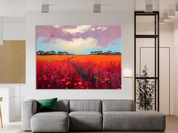 Acrylic Abstract Art, Landscape Canvas Paintings, Red Poppy Flower Field Painting, Landscape Acrylic Painting, Living Room Wall Art Paintings-ArtWorkCrafts.com