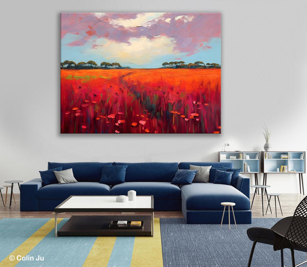 Acrylic Abstract Art, Landscape Canvas Paintings, Red Poppy Flower Field Painting, Landscape Acrylic Painting, Living Room Wall Art Paintings-ArtWorkCrafts.com