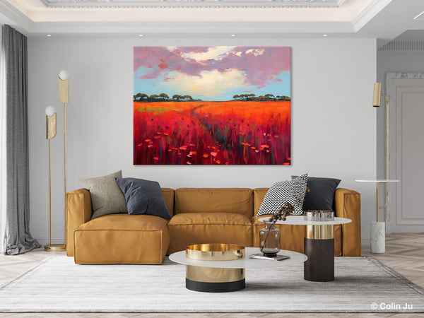 Acrylic Abstract Art, Landscape Canvas Paintings, Red Poppy Flower Field Painting, Landscape Acrylic Painting, Living Room Wall Art Paintings-ArtWorkCrafts.com