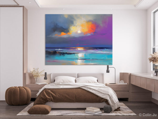 Landscape Painting on Canvas, Hand Painted Canvas Art, Moon Rising from Sea, Contemporary Wall Art Paintings, Extra Large Original Art-ArtWorkCrafts.com