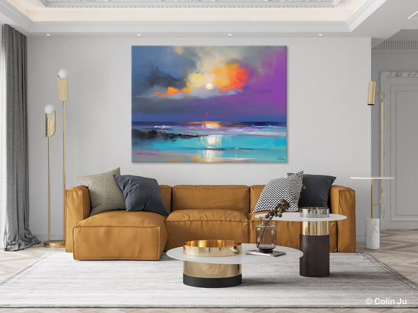 Landscape Painting on Canvas, Hand Painted Canvas Art, Moon Rising from Sea, Contemporary Wall Art Paintings, Extra Large Original Art-ArtWorkCrafts.com