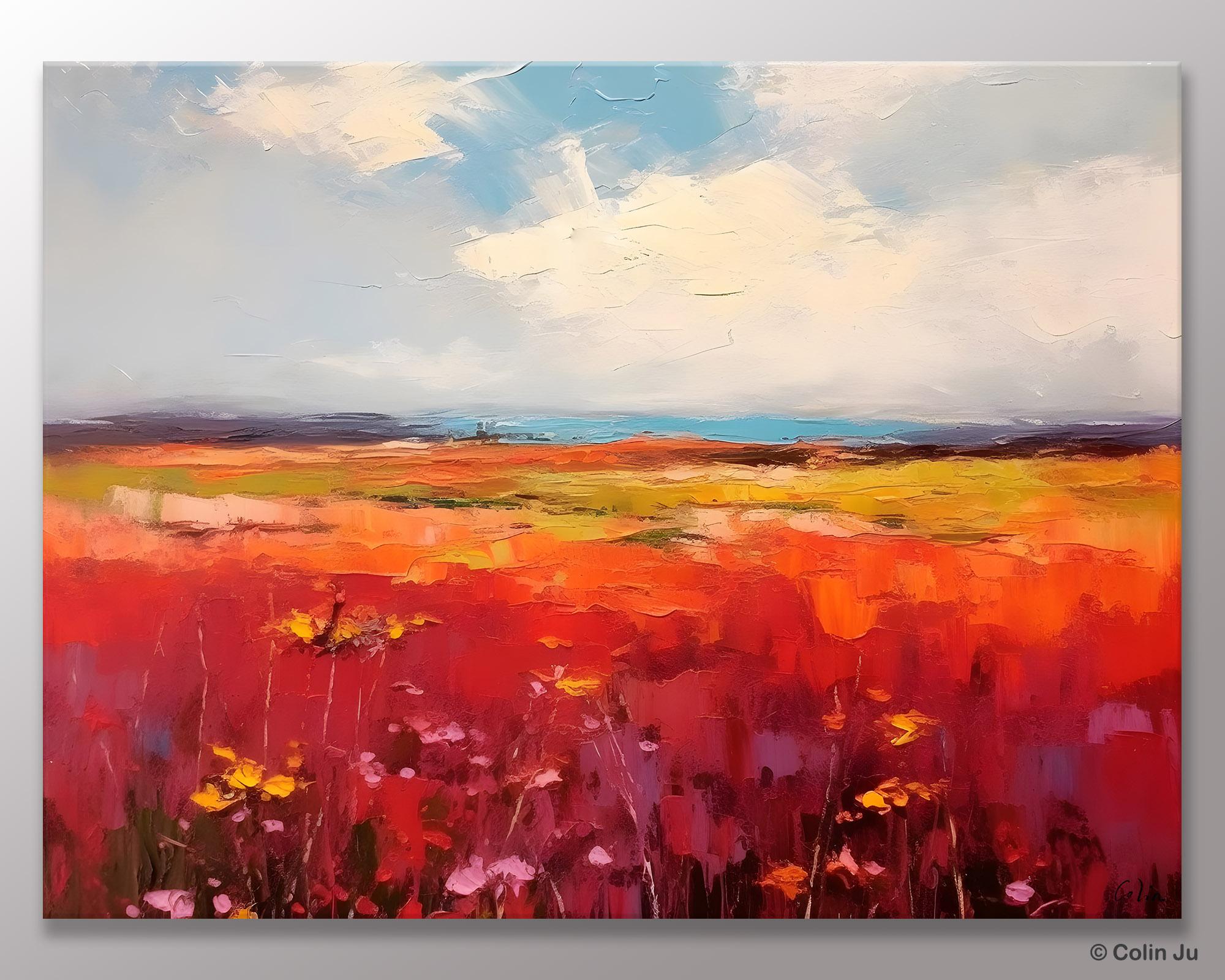 Extra Large Wall Art Painting, Landscape Canvas Painting for Living Room, Flower Field Acrylic Paintings, Original Landscape Acrylic Artwork-ArtWorkCrafts.com