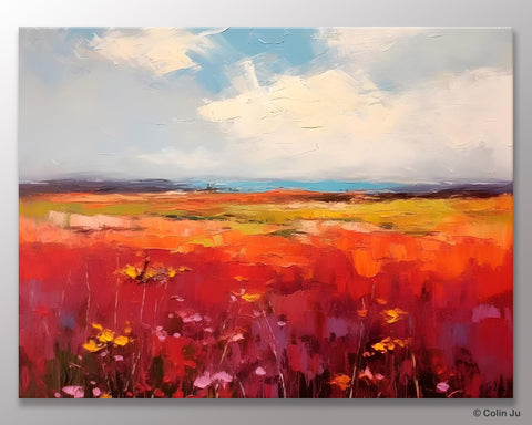 Extra Large Wall Art Painting, Landscape Canvas Painting for Living Room, Flower Field Acrylic Paintings, Original Landscape Acrylic Artwork-ArtWorkCrafts.com