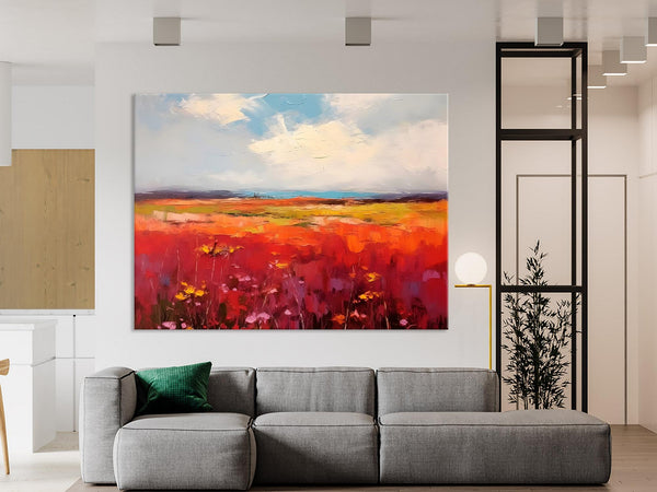 Extra Large Wall Art Painting, Landscape Canvas Painting for Living Room, Flower Field Acrylic Paintings, Original Landscape Acrylic Artwork-ArtWorkCrafts.com