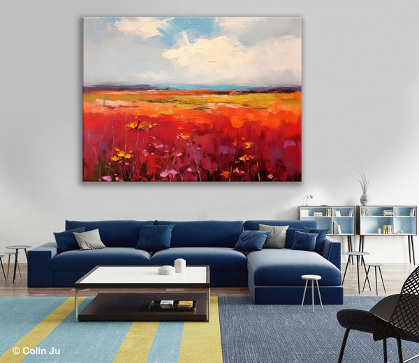 Extra Large Wall Art Painting, Landscape Canvas Painting for Living Room, Flower Field Acrylic Paintings, Original Landscape Acrylic Artwork-ArtWorkCrafts.com