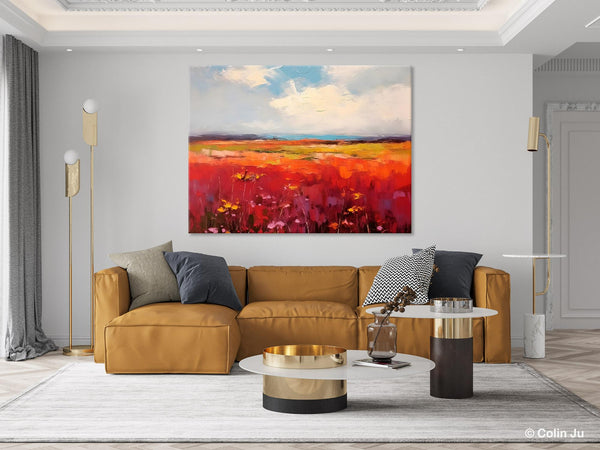 Extra Large Wall Art Painting, Landscape Canvas Painting for Living Room, Flower Field Acrylic Paintings, Original Landscape Acrylic Artwork-ArtWorkCrafts.com