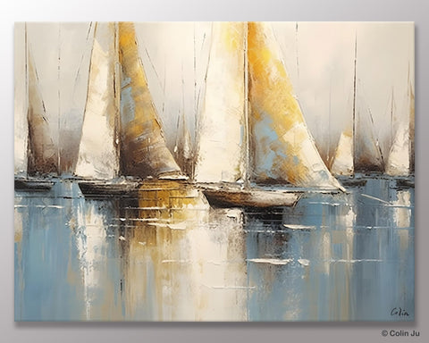 Large Paintings for Dining Room, Sail Boat Canvas Painting, Living Room Canvas Painting, Original Canvas Wall Art Paintings-ArtWorkCrafts.com