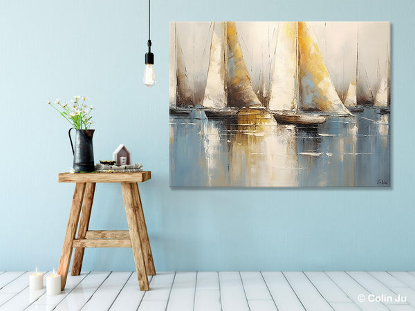 Large Paintings for Dining Room, Sail Boat Canvas Painting, Living Room Canvas Painting, Original Canvas Wall Art Paintings-ArtWorkCrafts.com
