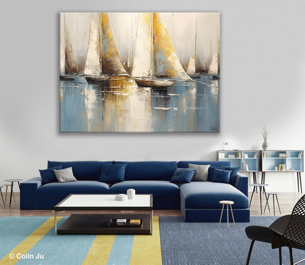 Large Paintings for Dining Room, Sail Boat Canvas Painting, Living Room Canvas Painting, Original Canvas Wall Art Paintings-ArtWorkCrafts.com