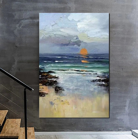 Contemporary Abstract Art for Dining Room, Seashore Sunrise Paintings, Living Room Canvas Art Ideas, Large Landscape Painting, Simple Modern Art-ArtWorkCrafts.com