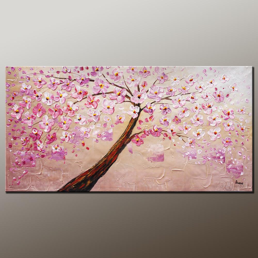 Contemporary Art, Modern Art, Tree Painting, Oil Painting, Flower Painting, Bedroom Wall Art, Heavy Texture Painting, Bedroom Wall Art, Canvas Art-ArtWorkCrafts.com