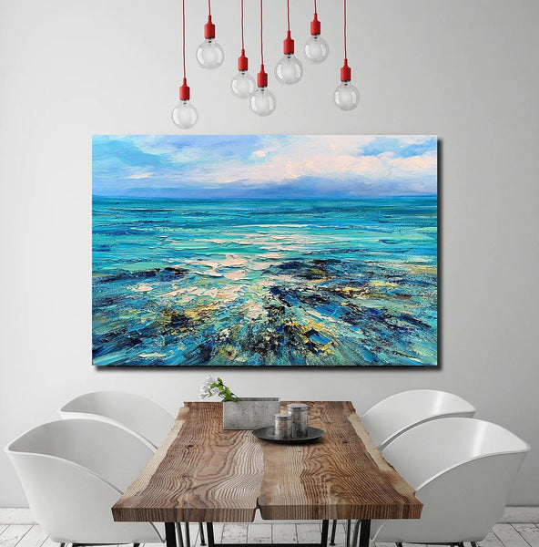 Abstract Landscape Paintings, Blue Sea Wave Painting, Landscape Canvas Paintings, Seascape Painting, Acrylic Paintings for Living Room, Hand Painted Canvas Art-ArtWorkCrafts.com