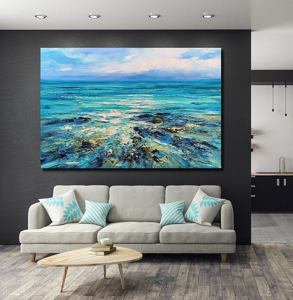 Abstract Landscape Paintings, Blue Sea Wave Painting, Landscape Canvas Paintings, Seascape Painting, Acrylic Paintings for Living Room, Hand Painted Canvas Art-ArtWorkCrafts.com
