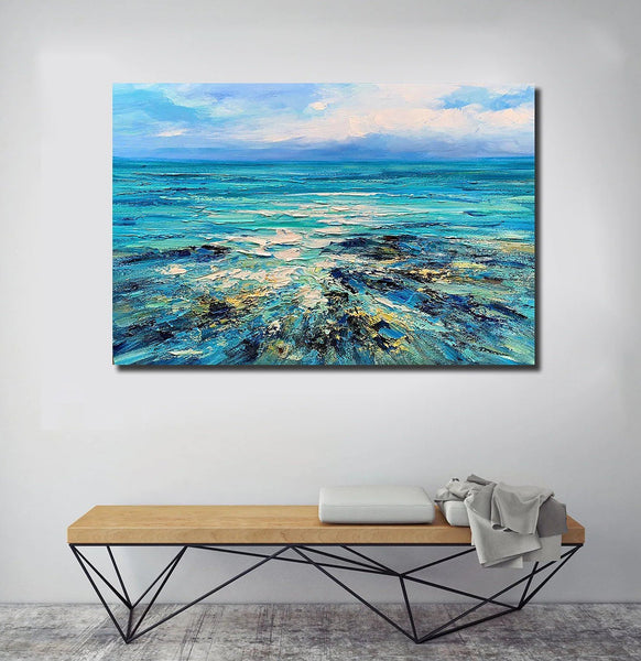 Abstract Landscape Paintings, Blue Sea Wave Painting, Landscape Canvas Paintings, Seascape Painting, Acrylic Paintings for Living Room, Hand Painted Canvas Art-ArtWorkCrafts.com