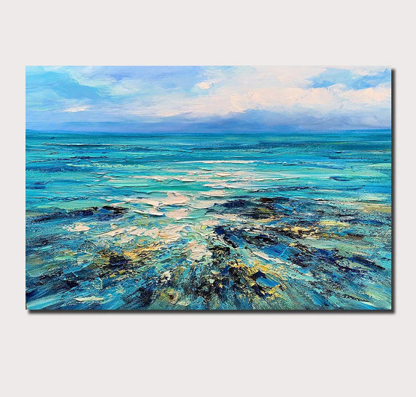 Abstract Landscape Paintings, Blue Sea Wave Painting, Landscape Canvas Paintings, Seascape Painting, Acrylic Paintings for Living Room, Hand Painted Canvas Art-ArtWorkCrafts.com