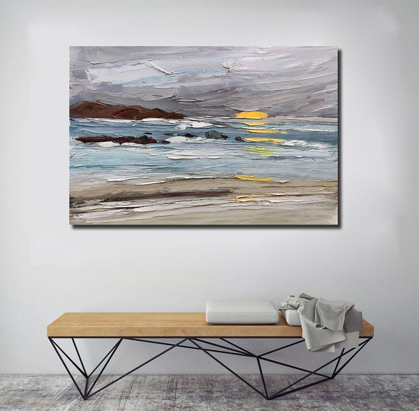 Abstract Landscape Paintings, Landscape Canvas Paintings, Seashore Sunrise Painting, Acrylic Paintings for Living Room, Large Simple Modern Art-ArtWorkCrafts.com