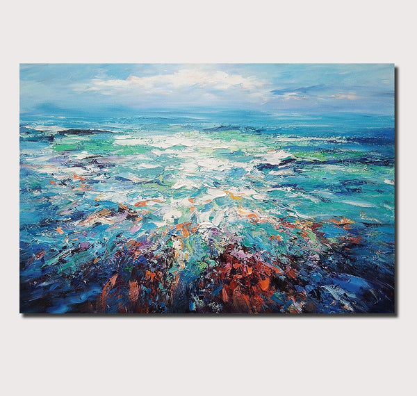 Landscape Canvas Paintings, Abstract Landscape Paintings, Blue Sea Wave Painting, Seascape Painting, Landscape Paintings for Living Room, Heavy Texture Canvas Art-ArtWorkCrafts.com