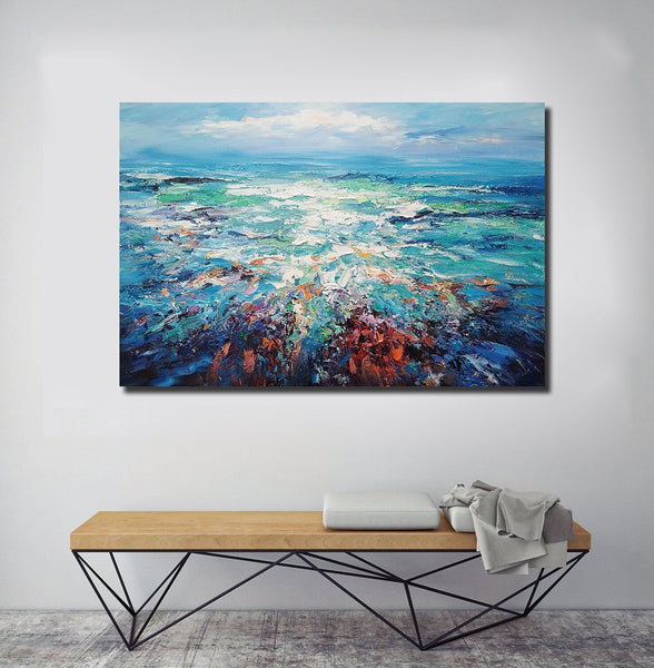 Landscape Canvas Paintings, Abstract Landscape Paintings, Blue Sea Wave Painting, Seascape Painting, Landscape Paintings for Living Room, Heavy Texture Canvas Art-ArtWorkCrafts.com