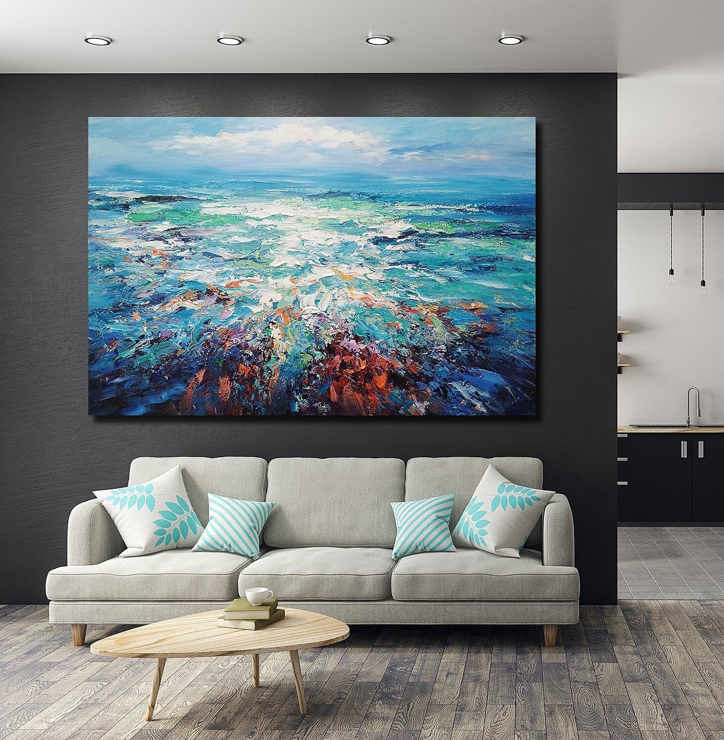 Landscape Canvas Paintings, Abstract Landscape Paintings, Blue Sea Wave Painting, Seascape Painting, Landscape Paintings for Living Room, Heavy Texture Canvas Art-ArtWorkCrafts.com