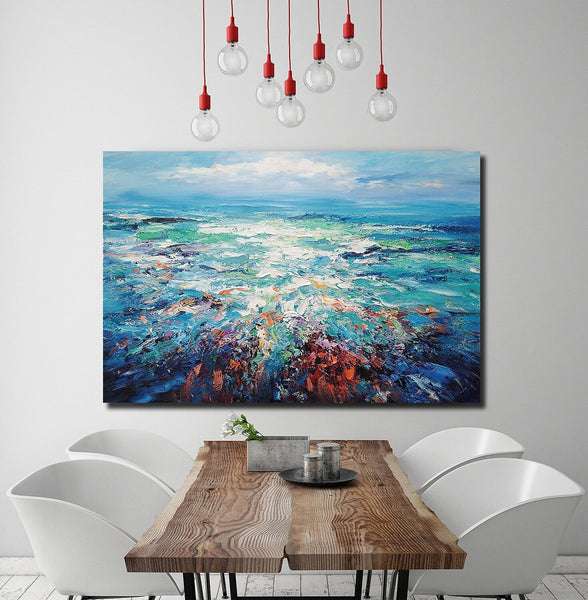 Landscape Canvas Paintings, Abstract Landscape Paintings, Blue Sea Wave Painting, Seascape Painting, Landscape Paintings for Living Room, Heavy Texture Canvas Art-ArtWorkCrafts.com