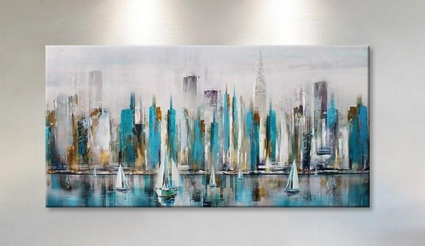 Sail Boat Painting, Cityscape Painting, Abstract Landscape Art, Wall Art Paintings, Simple Modern Paintings for Living Room-ArtWorkCrafts.com