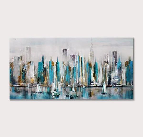Sail Boat Painting, Cityscape Painting, Abstract Landscape Art, Wall Art Paintings, Simple Modern Paintings for Living Room-ArtWorkCrafts.com