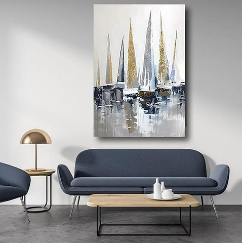 Boat Paintings, Palette Knife Paintings, Simple Modern Art, Large Paintings for Living Room, Hand Painted Canvas Art-ArtWorkCrafts.com