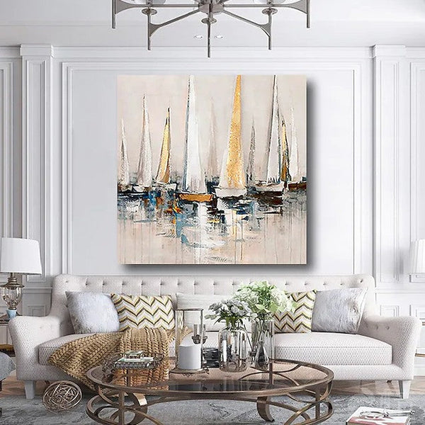 Acrylic Painting on Canvas, Simple Painting Ideas for Dining Room, Sail Boat Paintings, Modern Acrylic Canvas Painting, Oversized Canvas Painting for Sale-ArtWorkCrafts.com