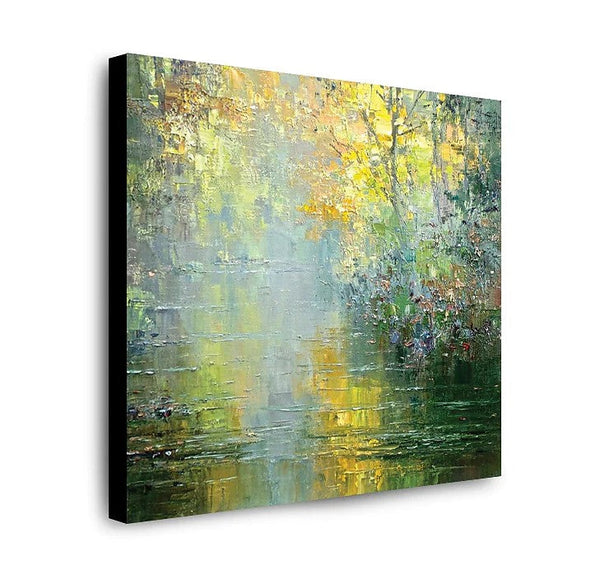 Abstract Landscape Painting, Forest Tree by the River, Landscape Canvas Painting, Simple Modern Wall Art Paintings for Living Room, Large Landscape Paintings-ArtWorkCrafts.com