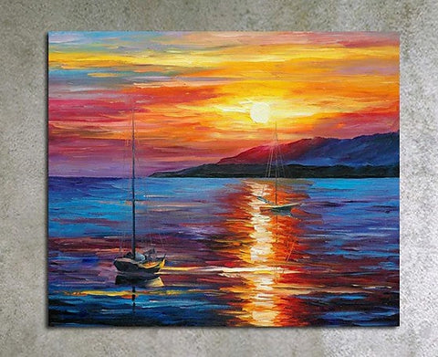 Boat Paintings, Simple Modern Art, Paintings for Living Room, Sunrise Painting, landscape Canvas Painting, Hand Painted Canvas Painting-ArtWorkCrafts.com